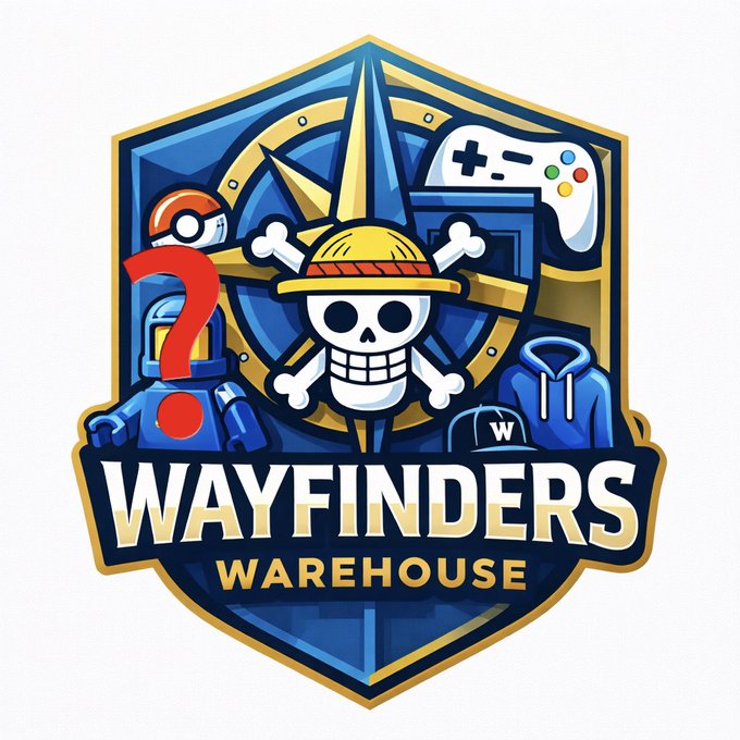 A colorful shield-shaped logo for 'WAYFINDERS WAREHOUSE' featuring a One Piece Straw Hat Pirates skull emblem surrounded by gaming and pop culture icons (Pokéball, game controller, question mark block, hoodie).
