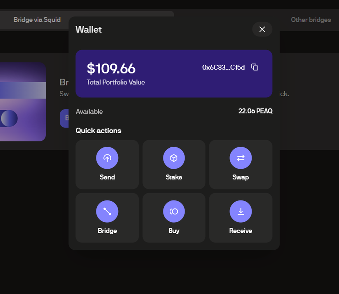 A digital wallet interface displays a total portfolio value of $109.66 from address 0x6c83...C15d with 22.06 PEAQ available, alongside quick action options for Send, Stake, Swap, Bridge, Buy, and Receive. The image supports the poster's message by showing their remaining PEAQ network balance and the bridge functionality that isn't working due to the network shutdown.
