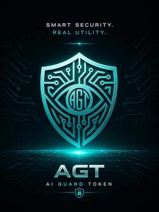 Promotional graphic for 'AGT - AI Guard Token' featuring a glowing teal shield with circuit board patterns, with text 'SMART SECURITY. REAL UTILITY.'