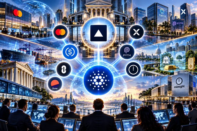 A stylized digital illustration depicts a globe connected to various cryptocurrency logos like Cardano, Mastercard, and Pyth, surrounded by futuristic cityscapes and people working at computers.