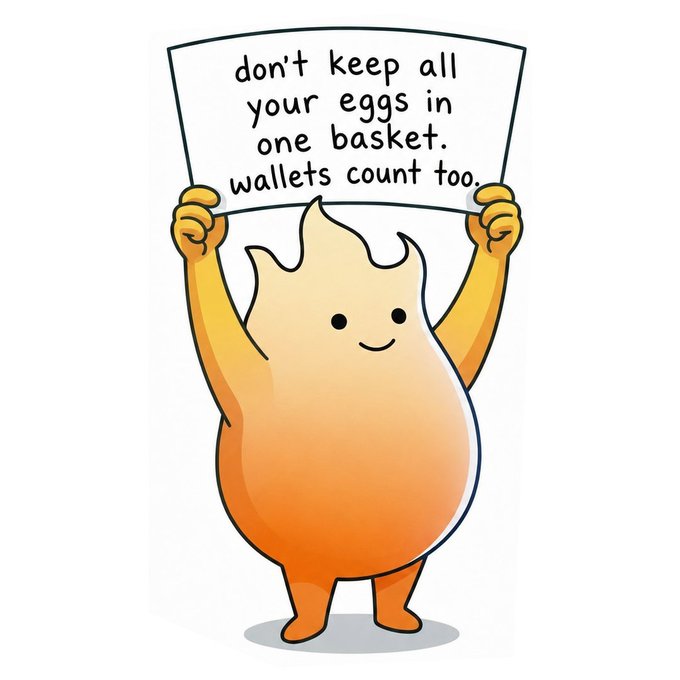 A cartoon flame character holding up a sign that reads 'don't keep all your eggs in one basket. wallets count too.'