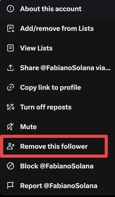 A screenshot of X (Twitter) account management options showing a red box highlighting the "Remove this follower" button among other actions like "Mute," "Block @FabianoSolana," and "Report @FabianoSolana." This illustrates the author's tactic of removing followers whose linked crypto wallets make trades that negatively affect the coins they hold.