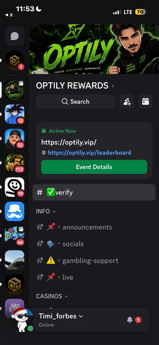 A screenshot of a Discord server interface showing the 'OPTILY REWARDS' server with a search bar, navigation icons on the left, and various channel categories including 'announcements', 'socials', 'gambling-support', and 'live'.