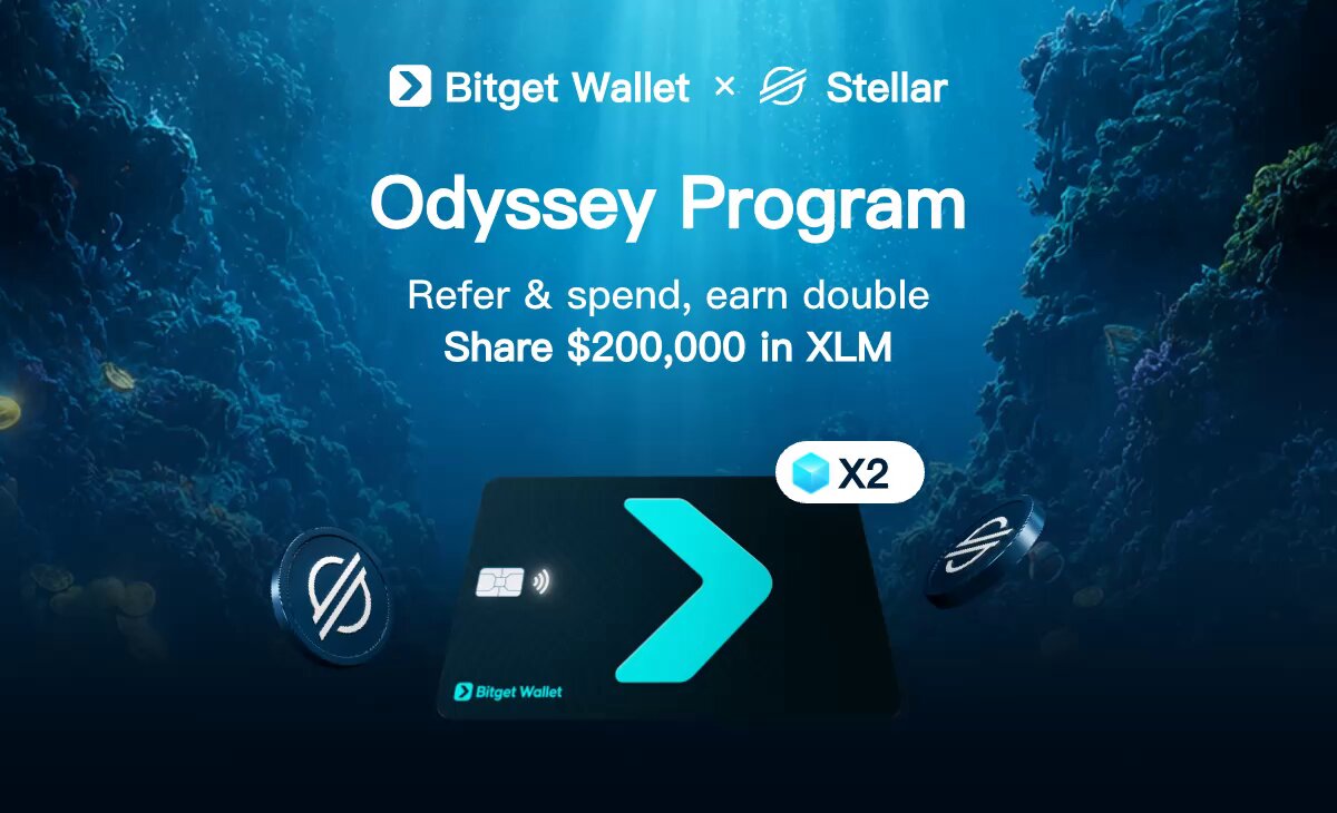 The image features a poster for an odyssey program that rewards users with doubled points when they refer and spend their Stellar PayFi account with it, referred to as "cardStellar". The poster also states that the program doubles the earned XPLEM value for its cardholders, which can be applied across all cards. The background of the poster displays a blue ocean scene with some corals and fish, adding an underwater atmosphere to the overall setting.