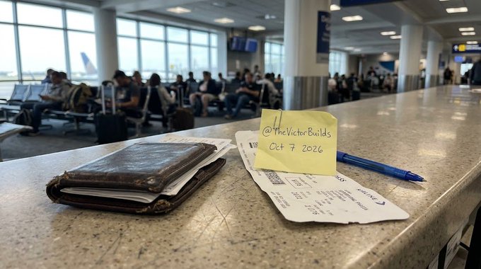 A worn leather wallet, a boarding pass, and a yellow sticky note reading "@TheVictorBuilds Oct 7, 2026" sit on a granite airport counter, with travelers and airplane windows blurred in the background, evoking the journey or transition central to the post's discussion of a coming trillion-dollar crypto wave.
