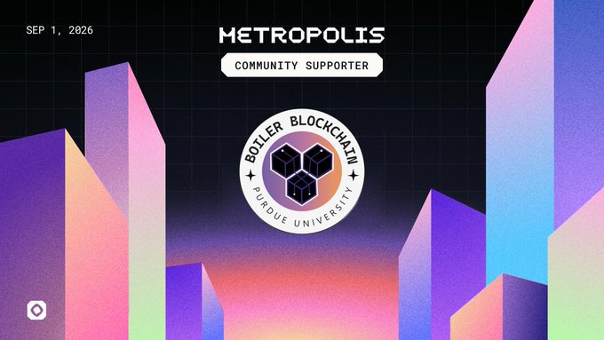 A digital graphic titled 'METROPOLIS - COMMUNITY SUPPORTER' featuring the 'BOILER BLOCKCHAIN PURDUE UNIVERSITY' logo dated SEP 1, 2026, set against a stylized pastel cityscape.