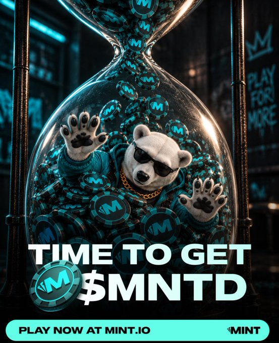 A promotional graphic features an anthropomorphic bear wearing sunglasses inside an hourglass filled with teal tokens marked 'M', with the text 'TIME TO GET $MNTD' and 'PLAY NOW AT MINT.IO'.