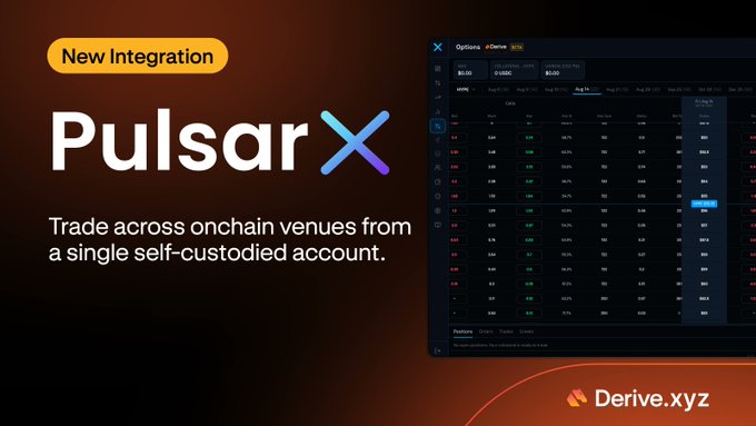 Promotional graphic announcing Derive.xyz's new PulsarX integration, featuring the "PulsarX" logo and tagline "Trade across onchain venues from a single self-custodied account," alongside a screenshot of the Derive options trading interface showing BTC options chain data. The image supports the post's announcement of $DRV joining PulsarX with unified margin and self-custodied Safe accounts for cross-platform trading.