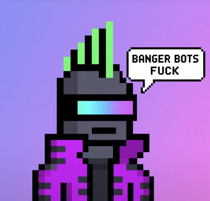A pixel art character with a spiked green mohawk and a speech bubble that says 'BANGER BOTS FUCK' against a purple gradient background.