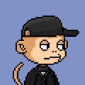 A pixel art character with a devil tail wearing a black cap and jacket against a blue background.