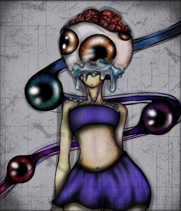 A creepy illustration of a cartoon character with exposed brain, oversized eyes, and a purple outfit against a grid background.