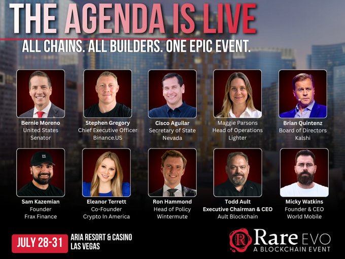 A promotional graphic for "Rare EVO" blockchain event in Las Vegas (July 28-31) at Aria Resort & Casino, featuring headshots and names of speakers including Bernie Moreno, Stephen Gregory, and Sam Kazemian.
