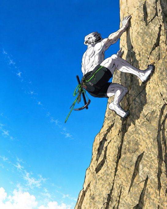 An anime-style illustration of a rock climber scaling a cliff face against a blue sky.