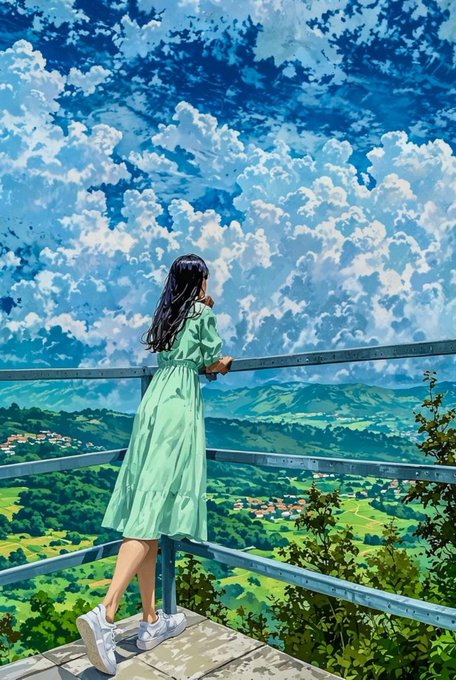 An anime-style illustration of a girl with long dark hair in a green dress leaning on a metal railing, looking out over a vast landscape of green hills and a cloudy blue sky.