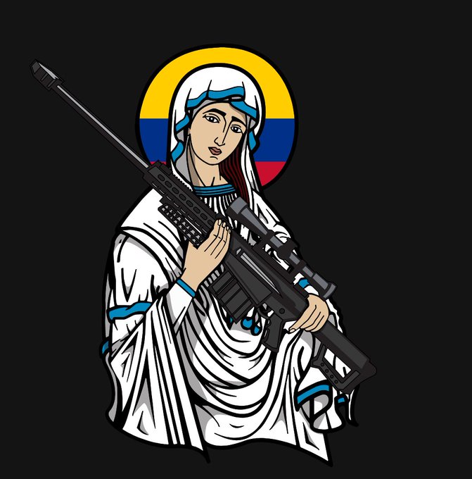 Stylized illustration of a religious figure resembling the Virgin Mary holding a modern sniper rifle, with a Colombian flag-colored halo behind her.
