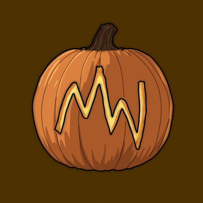 A cartoon-style jack-o'-lantern illustration features a pumpkin displaying the letters 'MW' on a dark brown background.