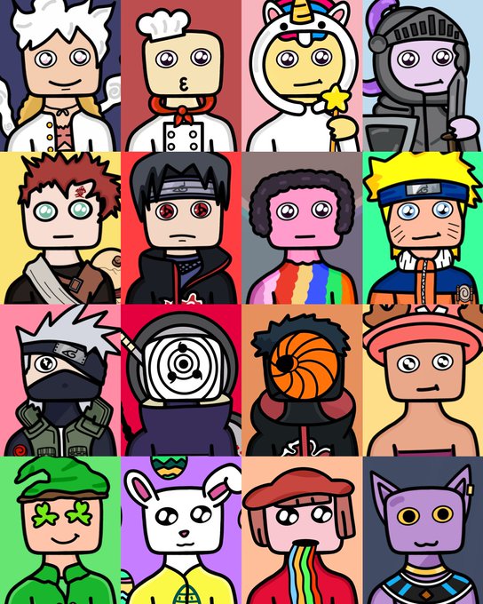 A 4x4 grid of cartoon avatars representing various anime and video game characters including Uchiha Sasuke, Gaara, Obito, Naruto, Kakashi, Tobi, and Madara Uchiha from Naruto, along with other original characters.