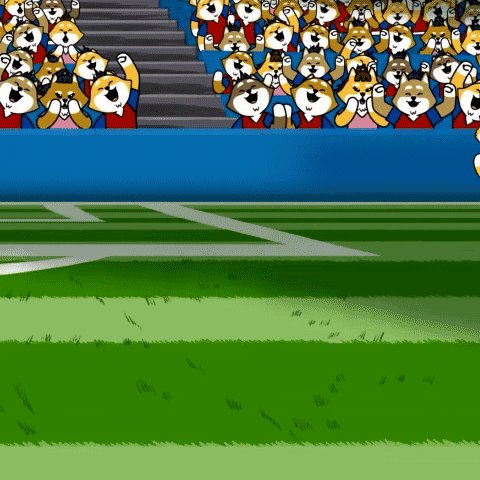 urns of gold and red are scattered across a green field, with a crowd of Shiba Inu dogs in blue shirts cheering from the stands.