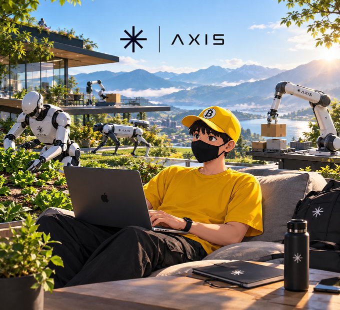 An anime-style illustration showing a young person wearing a yellow cap and face mask working on a MacBook outdoors, with 'AXIS' branding visible alongside robots and mountains in the background.