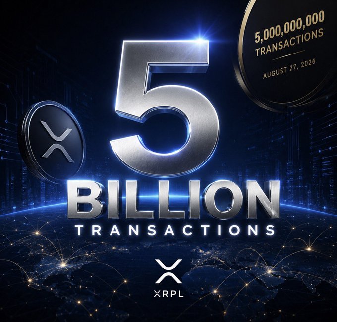 The image is a celebratory graphic featuring a large metallic "5 BILLION TRANSACTIONS" text with an XRP logo coin and badge reading "5,000,000,000 TRANSACTIONS - AUGUST 27, 2026," visually commemorating the XRPL network's milestone of surpassing 5 billion lifetime transactions as mentioned in the post.