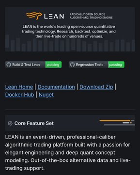 A website screenshot for 'LEAN' by QuantConnect, described as a 'RADICALLY OPEN SOURCE ALGORITHMIC TRADING ENGINE,' with green 'passing' badges for Build & Test Lean and Regression Tests, and links for Documentation, Download Zip, Docker Hub, and Nuget.