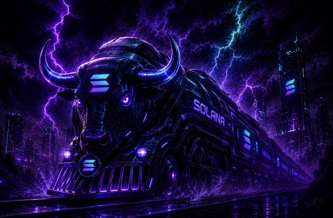 A dramatic, stylized digital artwork depicting a futuristic train resembling a bull with glowing neon purple and cyan accents, branded with the Solana logo, set against a stormy purple sky with lightning and a city skyline.