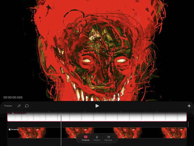 An abstract digital artwork featuring a chaotic red and black face with glowing eyes, presented within a video editing interface displaying a timeline and a timestamp of 00:00:00.005. The intense, high-energy visual serves as a bold interpretation of the "new energy" mentioned in the accompanying post.