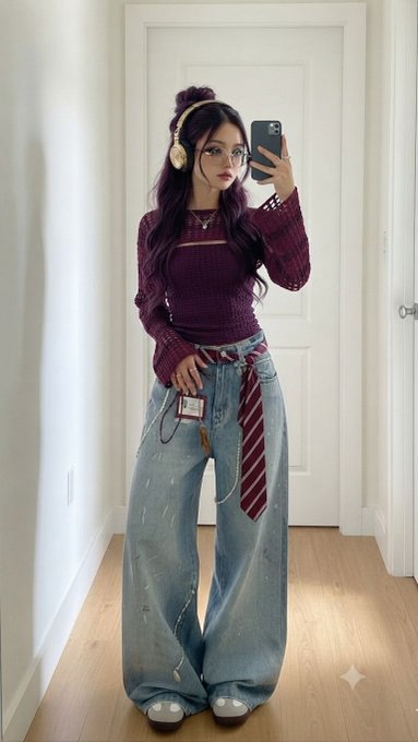 A young woman takes a mirror selfie wearing headphones, a maroon cropped sweater, a striped tie, and oversized distressed jeans in a hallway.
