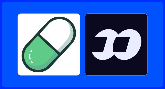 Two cryptocurrency-related icons appear on a blue background: a green and white pill capsule on the left and the white Dash (D) logo on a black square on the right.