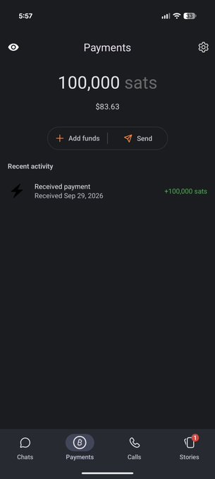 A screenshot of a mobile app showing a "Payments" screen with a balance of 100,000 sats (≈$83.63), plus buttons for "Add funds" and "Send," and a recent activity log showing a received payment of +100,000 sats. This appears to support the post about switching from Signal to RadarChat, highlighting RadarChat's built-in Bitcoin Lightning payments feature.