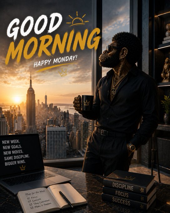 A motivational 'GOOD MORNING HAPPY MONDAY!' poster shows a Black man in a black shirt holding a coffee cup, overlooking the NYC skyline at sunrise. Books labeled 'DISCIPLINE', 'FOCUS', and 'SUCCESS' sit beside a notebook reading 'Plan for the Week'.