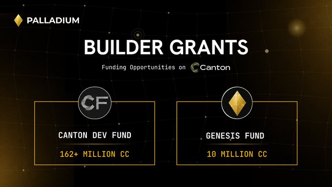 A promotional graphic from Palladium announces "Builder Grants" with "Funding Opportunities on Canton," highlighting two funding sources: the "Canton Dev Fund" with 162+ Million CC and the "Genesis Fund" with 10 Million CC. The image visually supports the post's mention of the Development Fund's 162M+ CC allocation across 32 approved proposals by showcasing the substantial funding available for the Canton Network ecosystem.