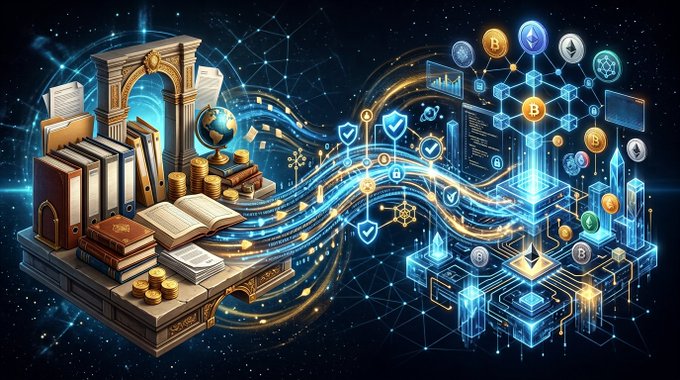 A digital illustration shows books, gold coins, and a globe on the left transitioning into a futuristic blue blockchain network with cryptocurrency icons on the right, symbolizing the evolution of traditional finance into decentralized technology.