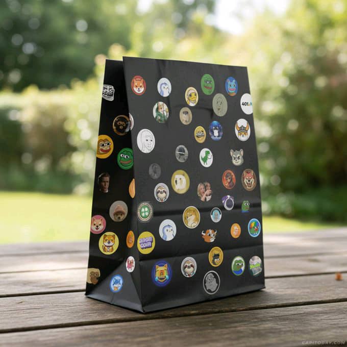 A black paper gift bag covered in various internet meme stickers sits on a wooden table outdoors, with the text '40LAB' visible on one sticker.
