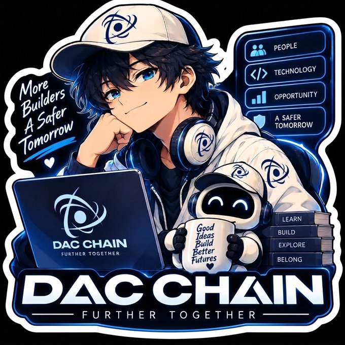 An anime-style illustration features a character with blue hair and a small robot, promoting 'DAC CHAIN' with the tagline 'More Builders, A Safer Tomorrow'.