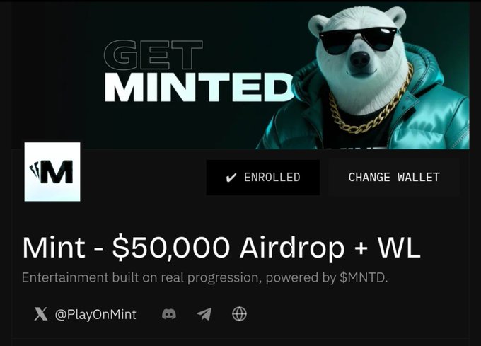 An airdrop promotion for 'Mint - $50,000 Airdrop + WL' featuring a polar bear in sunglasses and a leather jacket, with the Twitter handle @PlayOnMint.