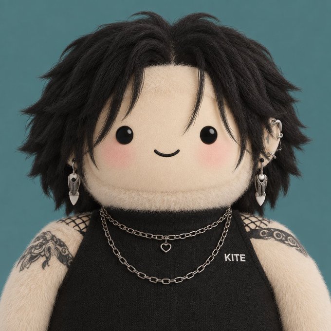 A plush doll with shaggy black hair, rosy cheeks, and a small smile wears a black tank top with 'KITE' text, accessorized with chain necklaces, earrings, and visible arm tattoos.
