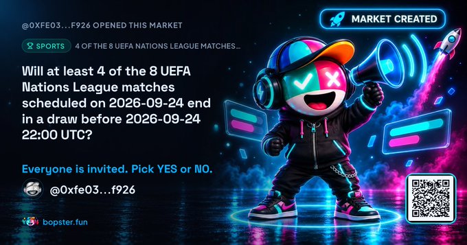 A promotional graphic from bopster.fun for a prediction market asking 'Will at least 4 of the 8 UEFA Nations League matches scheduled on 2026-09-24 end in a draw before 22:00 UTC?' featuring a cartoon mascot with a megaphone.