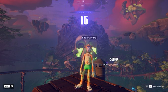 A video game screenshot from 'Strange Brigade' showing a character named 'SupahAndre' at Level 16 with 500XP displayed, standing on a platform in a vibrant, otherworldly environment.