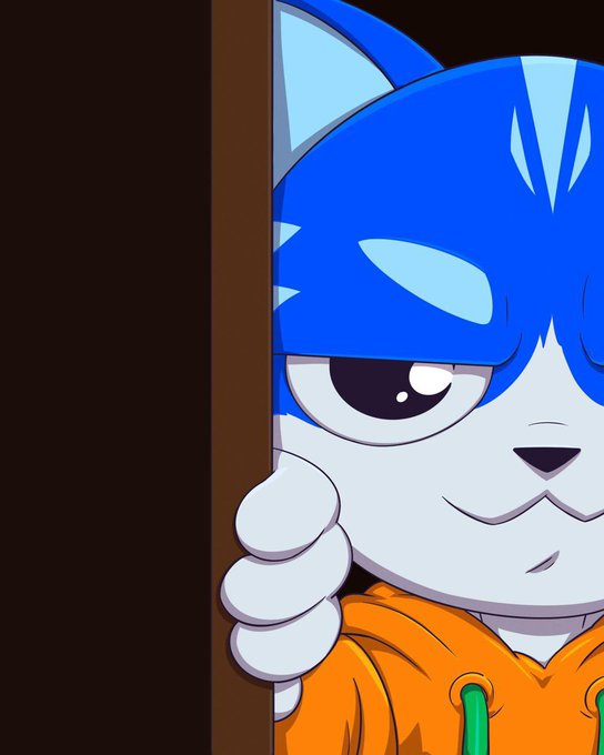 A cartoon illustration of a blue and white cat character wearing an orange hoodie, peeking out from behind a dark brown door or wall.