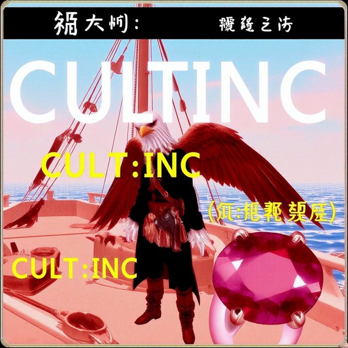 The image shows a stylized illustration of an eagle-headed pirate figure on a ship with a pink gemstone, overlaid with "CULT:INC" branding and decorative text. The accompanying caption "i can't wait to show you some stuff i just made" suggests a creator is teasing new work or a project drop from their "CULT:INC" label.