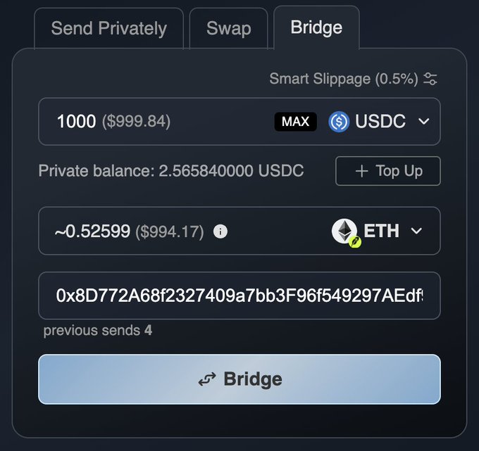 A cryptocurrency interface showing a 'Bridge' transaction from USDC to ETH, displaying 1000 ($999.84) USDC bridging to ~0.52599 ($994.17) ETH to address 0x8D772A68f2327409a7bb3F96f549297AEdf.