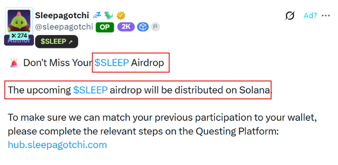 The image shows a tweet from Sleepagotchi (@sleepagotchi) advertising the upcoming $SLEEP airdrop, which will be distributed on Solana, with highlighted boxes around the "$SLEEP Airdrop" and "distributed on Solana" text. The accompanying post discusses Sleepagotchi's points farming campaign, where users earn SLEEP Points for completing activities, making the airdrop announcement a notable development for those participating in the early farming program.