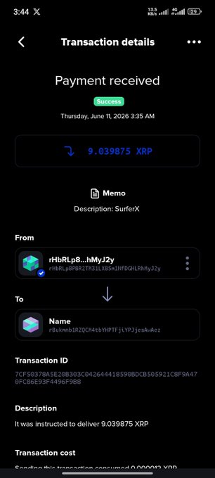 The image shows a cell phone screen displaying a transaction details page for a cryptocurrency exchange, specifically for the token XRP. The screen contains information about the transaction, including the names of the parties involved (the sender and recipient), the amount of the payment received, and the date and time of the transaction. There is also an explanation provided on how to send the payment using the XRP token.
