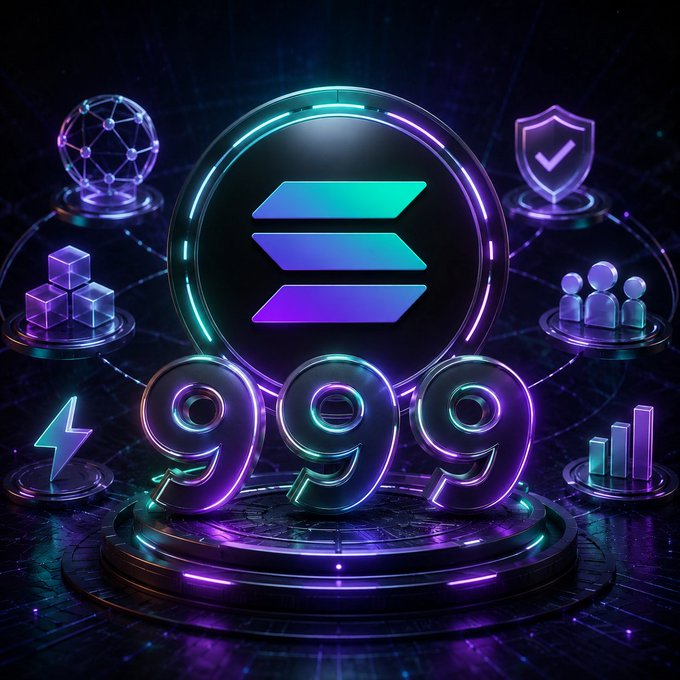 A futuristic neon-lit digital graphic featuring the Solana logo surrounded by icons like a lightning bolt, shield, cubes, and people, with the numbers '999' displayed prominently at the bottom.