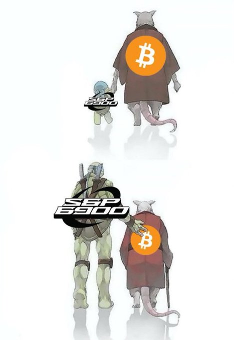 A two-panel image showing Splinter and a child from Teenage Mutant Ninja Turtles with Bitcoin logos, alongside a 'SEP 6960' logo referencing the SEC's 2026 crypto rule.