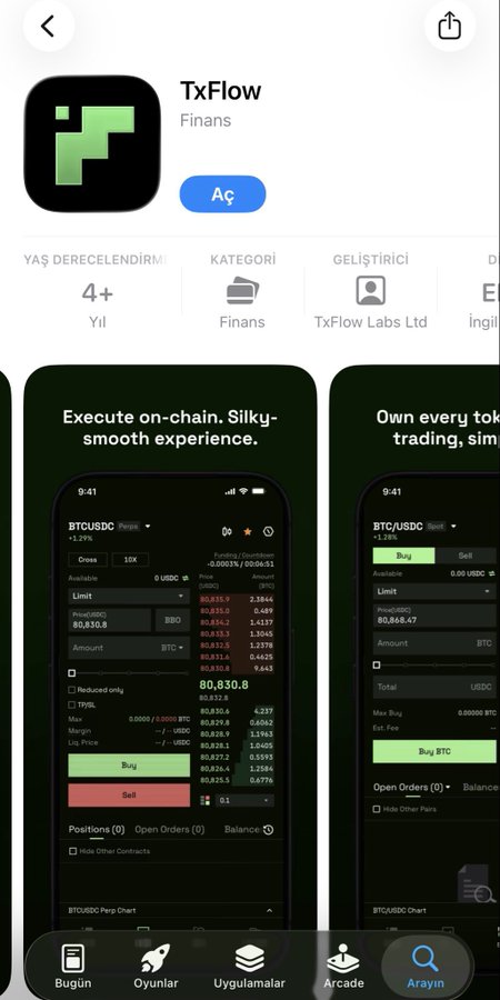 The image shows a mobile phone screen displaying an app called "Tx Flow" with a green background, white text, and icons for trading and fees. The app appears to be in beta testing mode, as indicated by the "beta" label on one of its screens. The app is designed for use on mobile devices, suggesting that it can be accessed through smartphones or tablets. The post about the app's early stage and potential discounts for users has caught the attention of many people who are interested in trying out this new trading platform.