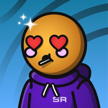 Cartoon illustration of a figure wearing a purple hoodie with 'SR' on it, featuring an orange face with heart-shaped eyes, rosy cheeks, and a small mouth, set against a blue striped background with sparkle effects.