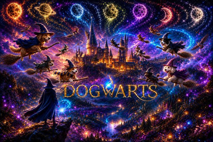 A vibrant, magical digital artwork titled 'DOGWARTS' features various dogs dressed as witches flying on broomsticks around a glowing castle, set against a colorful, cosmic background of stars and nebulas.