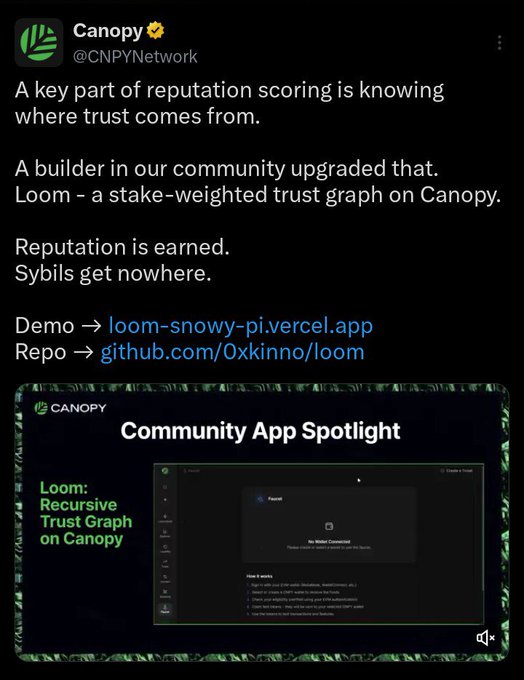 A screenshot of a Canopy (@CNPYNetwork) tweet discussing reputation scoring and trust graphs, highlighting their community app 'Loom' with demo and repo links.